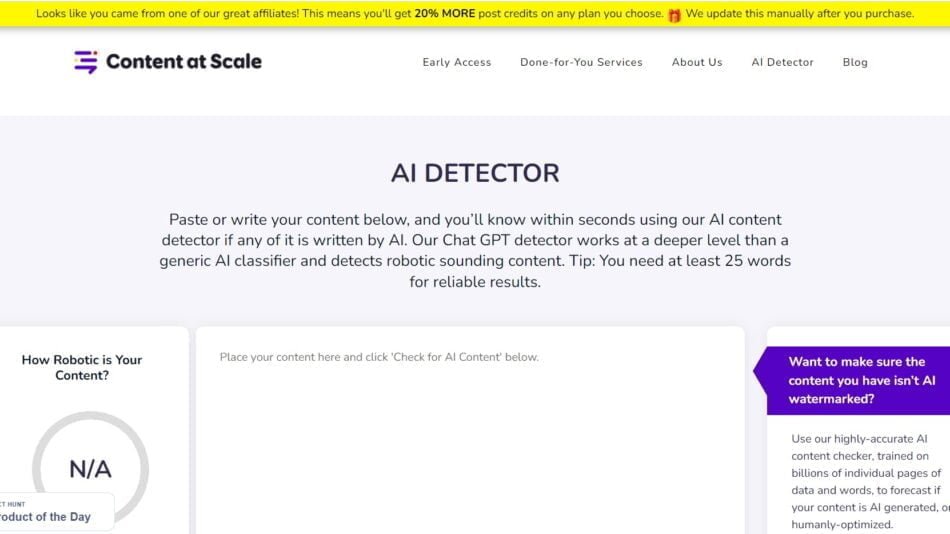 Content At Scale's is an AI Text Detector is an advanced solution for identifying duplicate content, ensuring originality, and checking plagiarism.