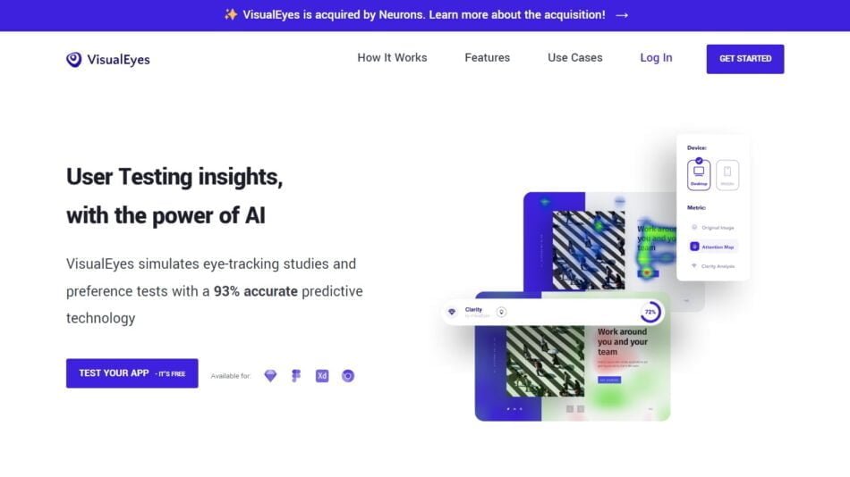 VisualEyes is an AI research tool that simulates eye-tracking studies and preference tests with a 93% accurate predictive technology.