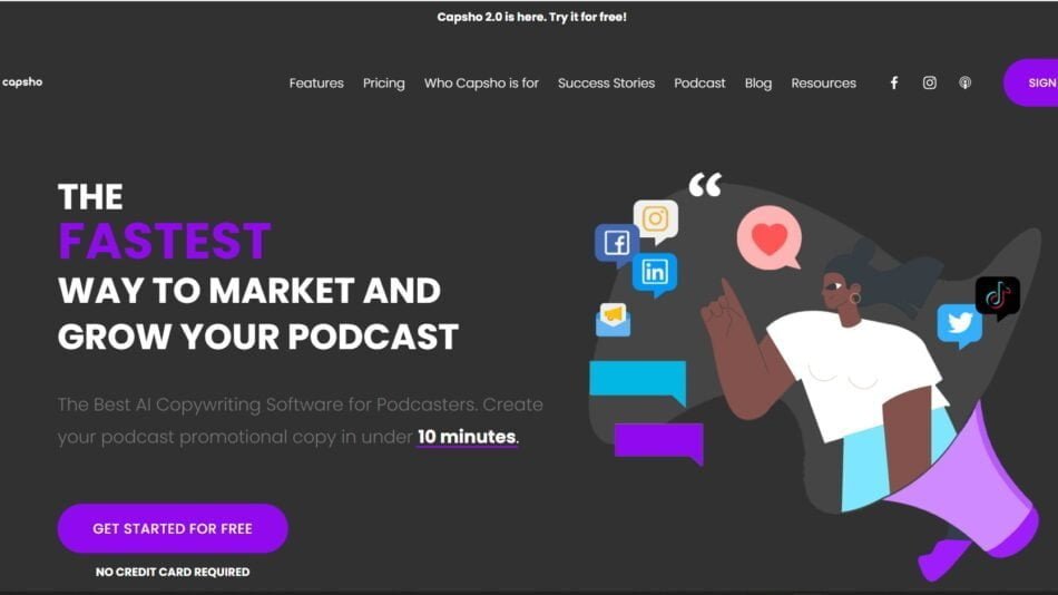 Capsho is an AI copywriting tool that helps podcasters create engaging and SEO-optimized content for promoting their podcasts across various platforms.