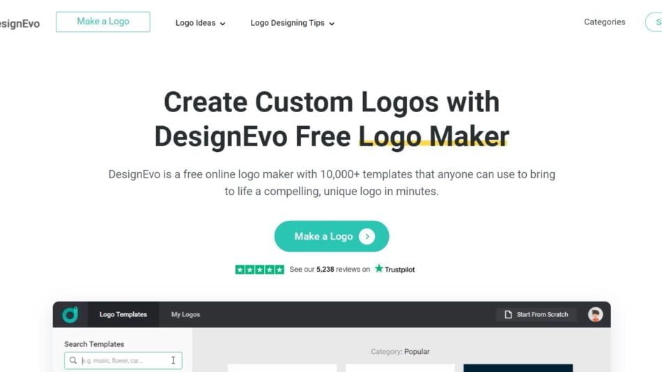 DesignEvo is an online logo maker that enables users to create unique, professional logos within minutes. With over 10,000 templates and various customization options,
