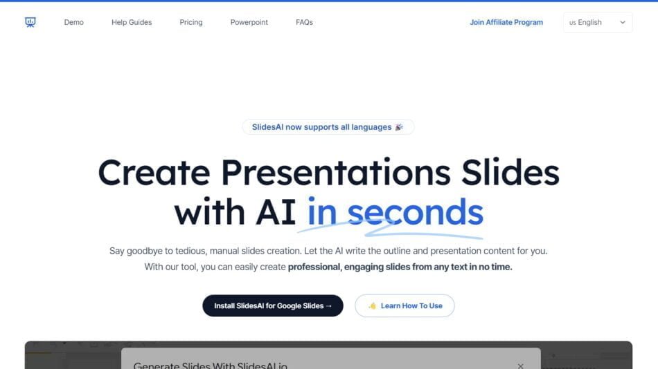SlidesAI is an AI PowerPoint presentation tool designed to work seamlessly with Google Slides. It automates the process of creating presentations, allowing users to generate slide content and outlines.