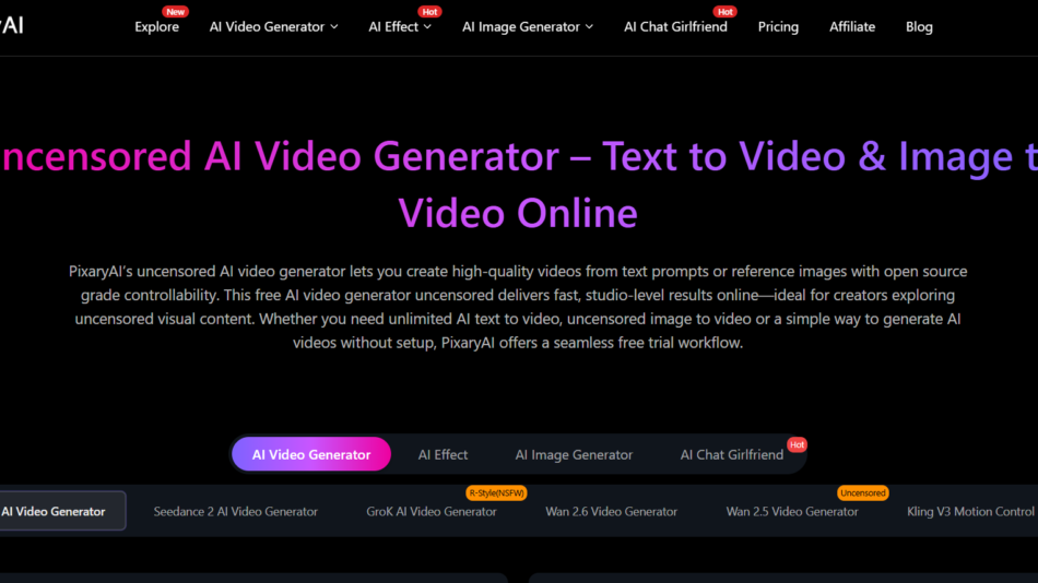 7 - Dark hero banner with a purple gradient headline: 'Uncensored AI Video Generator – Text to Video & Image to Video Online' and a descriptive paragraph below explaining the tool, against a black background.
