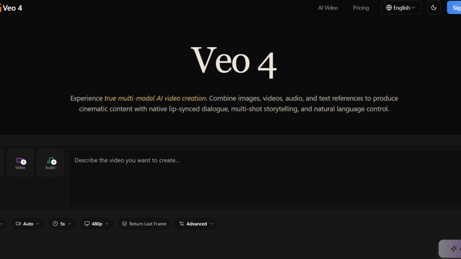 Dark Veo 4 landing hero with large 'Veo 4' text and a description of multi-modal AI video creation; creation panel below shows Image, Video, Audio icons and a prompt box to describe the video to create.