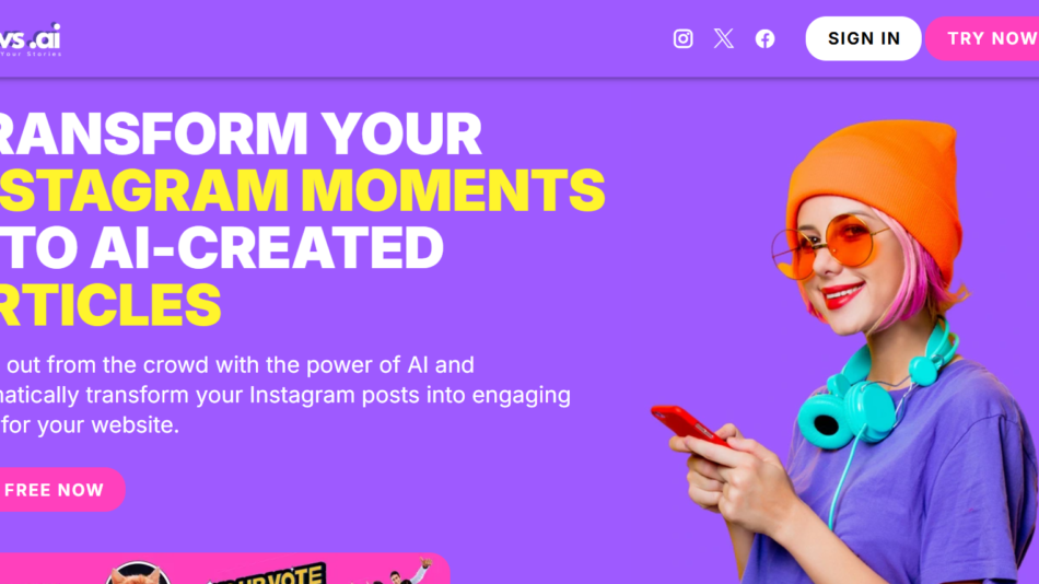 1 - Bright purple hero with bold headline about AI-created Instagram articles; woman with orange beanie and pink sunglasses on the right.