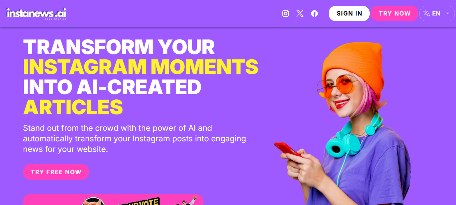 1 - Bright purple hero with bold headline about AI-created Instagram articles; woman with orange beanie and pink sunglasses on the right.