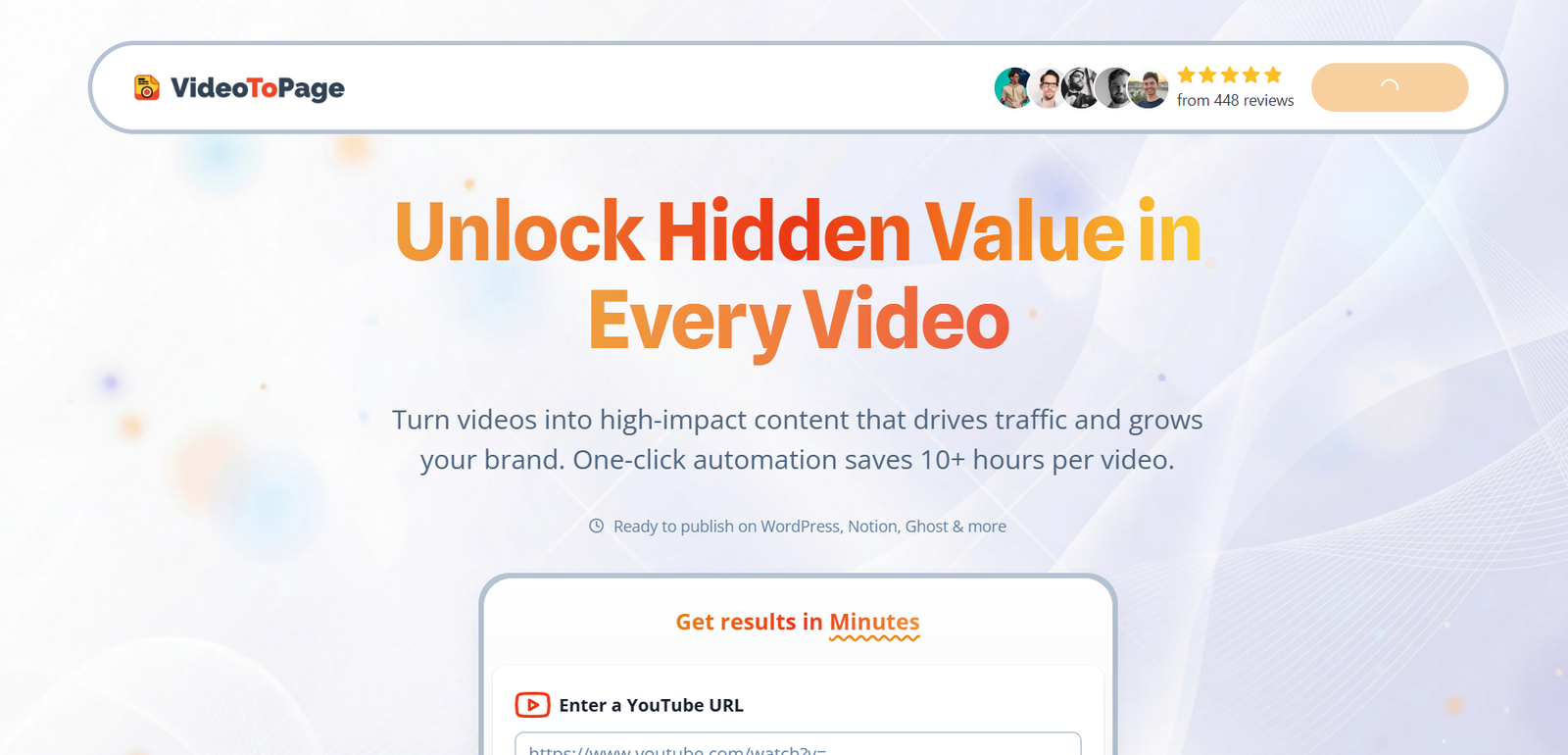 10 - VideoToPage hero banner with logo, user avatars and rating on the top bar, and the headline “Unlock Hidden Value in Every Video” against a soft abstract background.