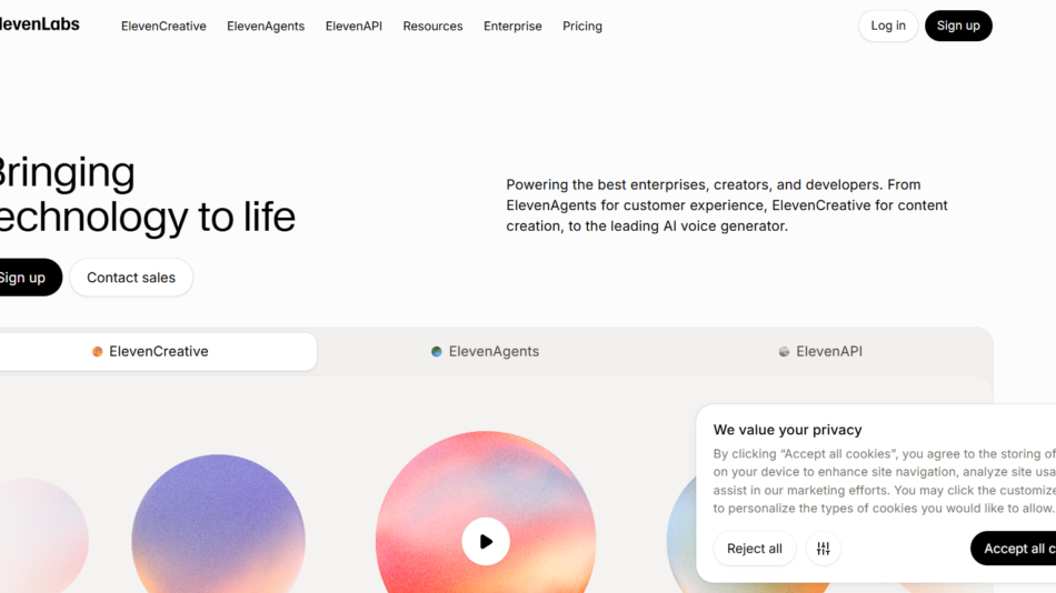 10 - Hero section of ElevenLabs homepage: large 'Bringing technology to life' headline, nav bar, and primary CTAs 'Sign up' and 'Contact sales'.