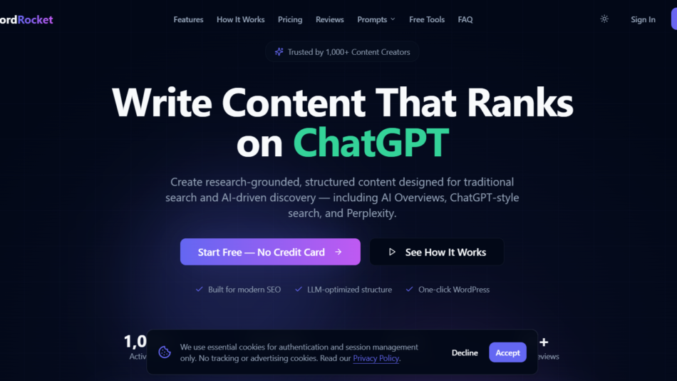 11 - Hero banner for WordRocket: 'Write Content That Ranks on ChatGPT' on a dark grid background with Start Free and See How It Works buttons.