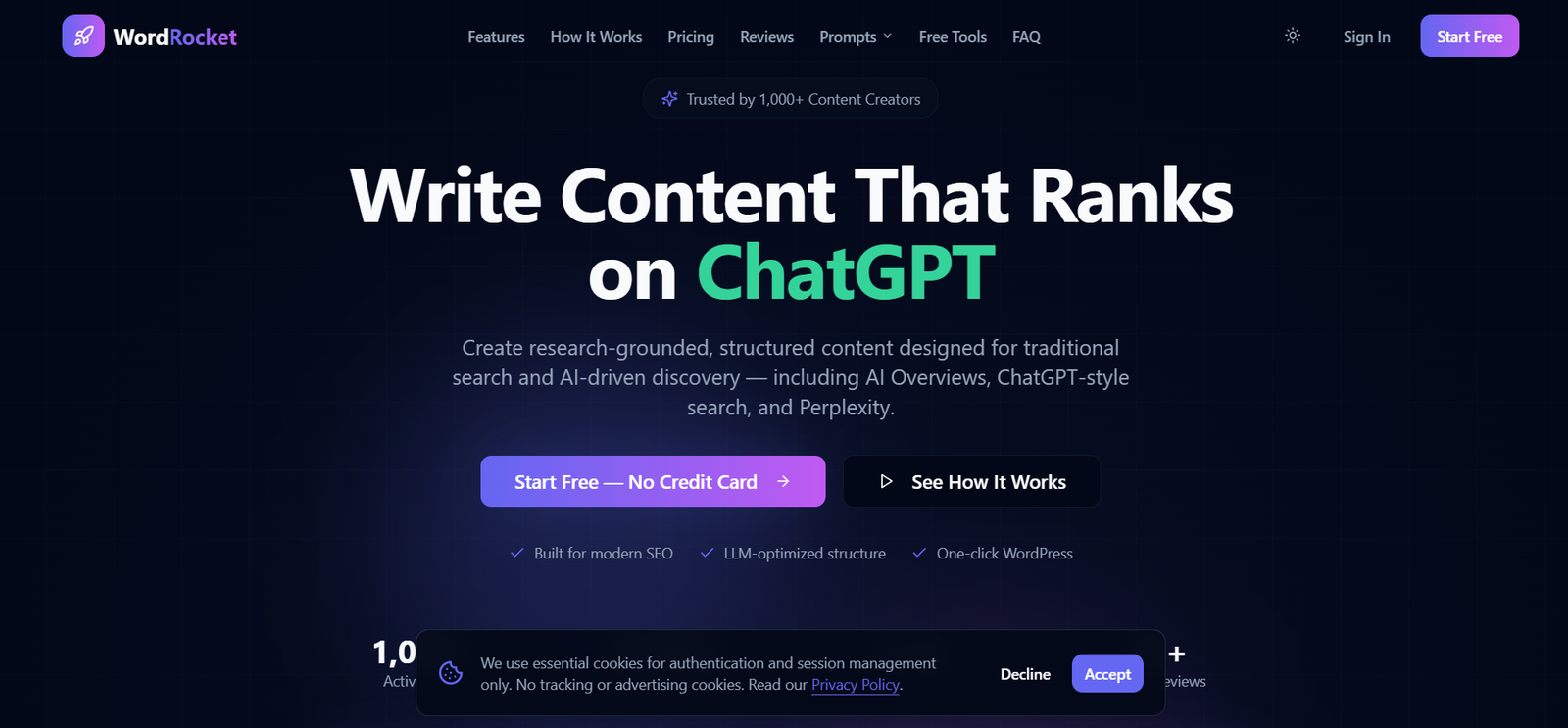 11 - Hero banner for WordRocket: 'Write Content That Ranks on ChatGPT' on a dark grid background with Start Free and See How It Works buttons.