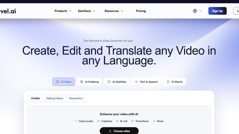 11 - Hero section of Wavel.ai homepage with navigation bar and the headline “Create, Edit and Translate any Video in any Language.”