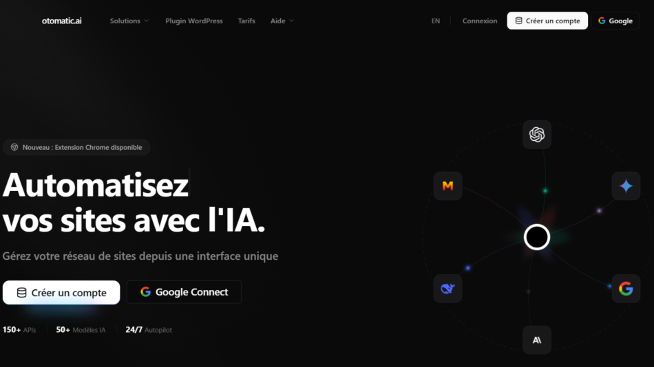 12 - Hero section promoting AI-powered website automation: left-aligned headline 'Automatisez vos sites avec l'IA.' with subheading and two CTAs 'Créer un compte' and 'Google Connect'; right side shows a circular orbital diagram with connected tool icons around a central node.