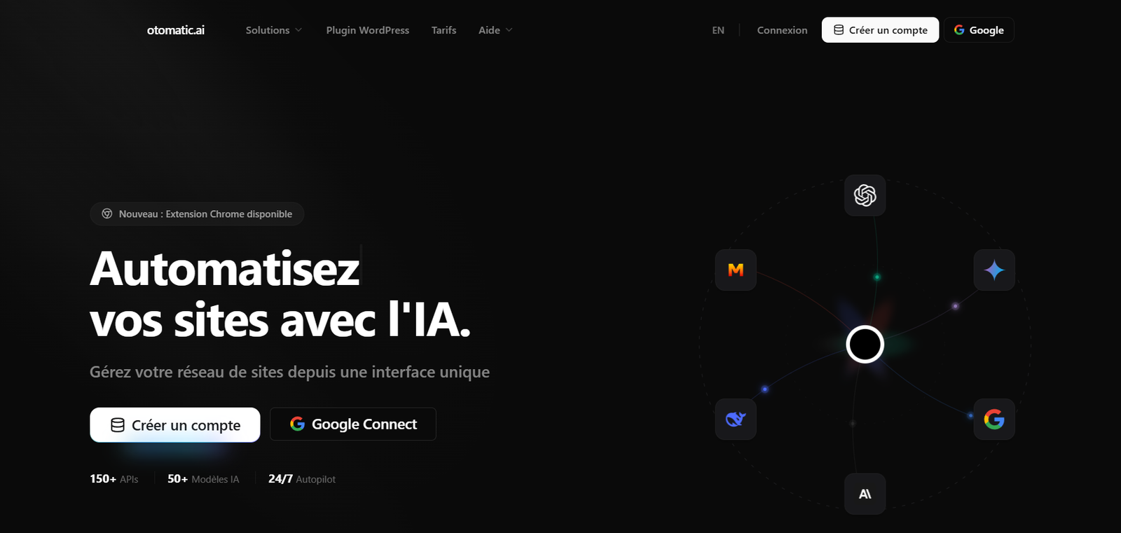 12 - Hero section promoting AI-powered website automation: left-aligned headline 'Automatisez vos sites avec l'IA.' with subheading and two CTAs 'Créer un compte' and 'Google Connect'; right side shows a circular orbital diagram with connected tool icons around a central node.