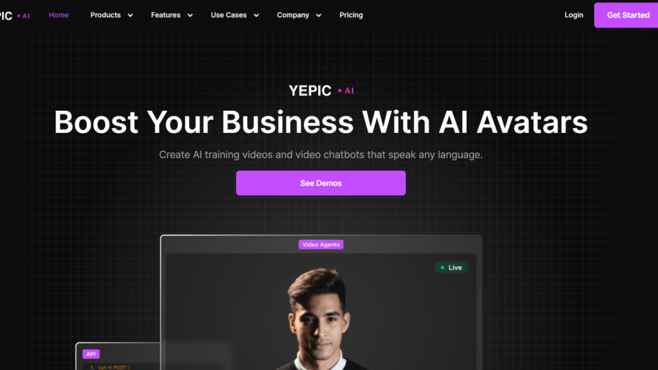 12 - Hero section with a dark grid background, the headline "Boost Your Business With AI Avatars", supporting subtitle, and a purple "See Demos" button.