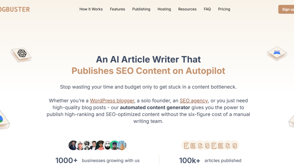 13 - Hero banner: 'An AI Article Writer That Publishes SEO Content on Autopilot' with subtitle about automation and BlogBuster branding.