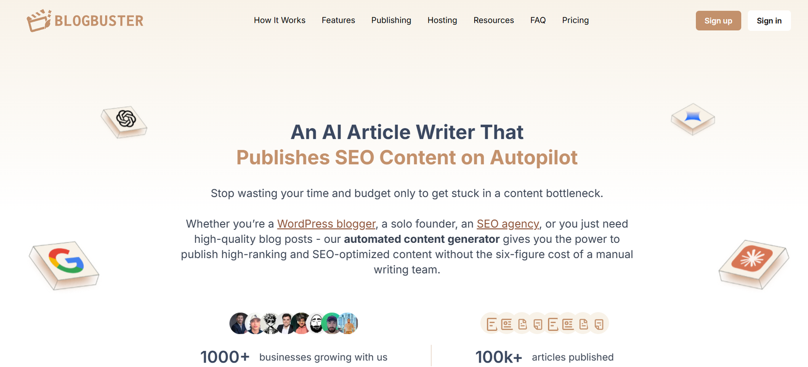 13 - Hero banner: 'An AI Article Writer That Publishes SEO Content on Autopilot' with subtitle about automation and BlogBuster branding.