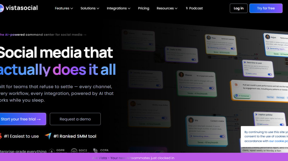14 - Hero section for Vista Social: bold headline 'Social media that actually does it all' with gradient emphasis, two primary CTAs, and top navigation/logo visible.