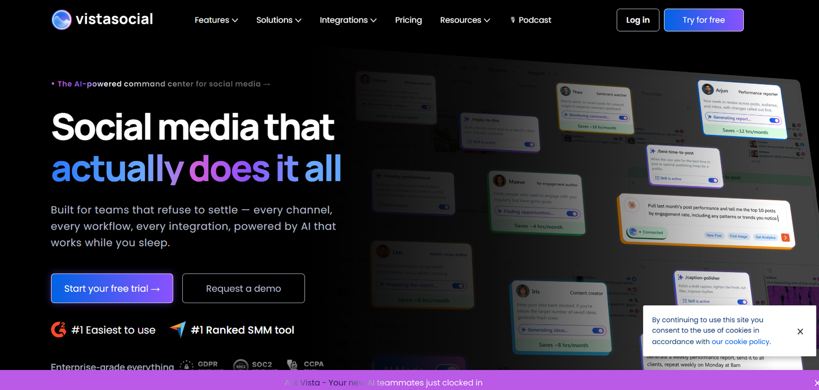 14 - Hero section for Vista Social: bold headline 'Social media that actually does it all' with gradient emphasis, two primary CTAs, and top navigation/logo visible.