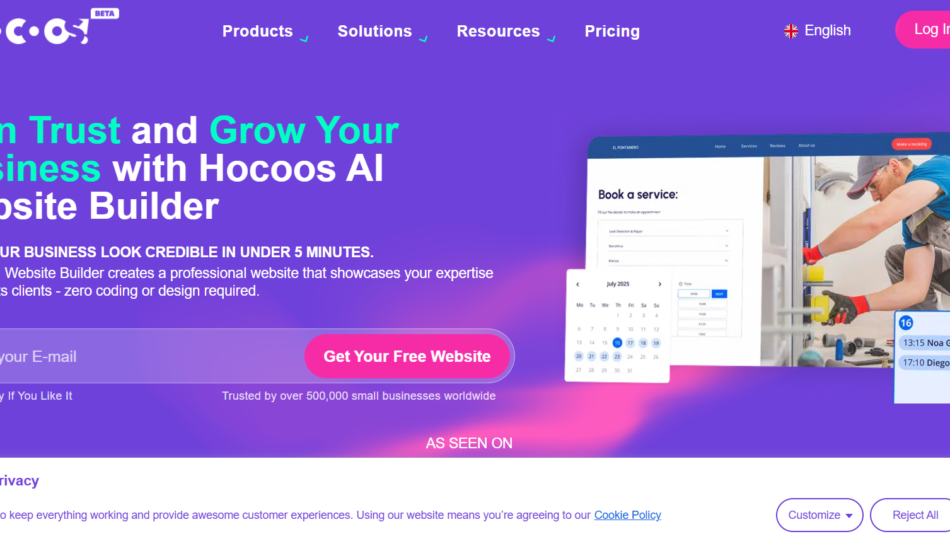 16 - Hero banner with purple gradient, bold turquoise and white headline about Hocoos AI Website Builder and a pink Get Your Free Website button.