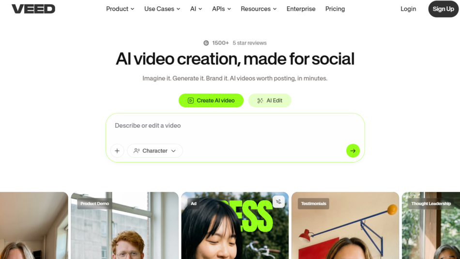 16 - Homepage hero for VEED: header with logo and navigation, large headline 'AI video creation, made for social', subheading, lime-green 'Create AI video' and 'AI Edit' buttons, rounded input box, and a row of rounded video thumbnails below.