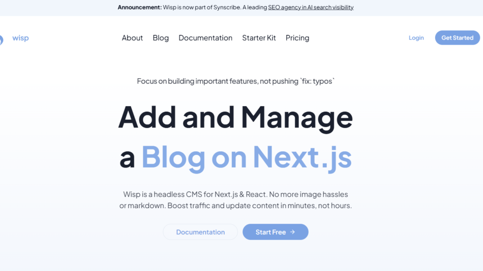 Hero section: headline 'Add and Manage a Blog on Next.js' with subheading about Wisp CMS for Next.js & React; navigation bar above.