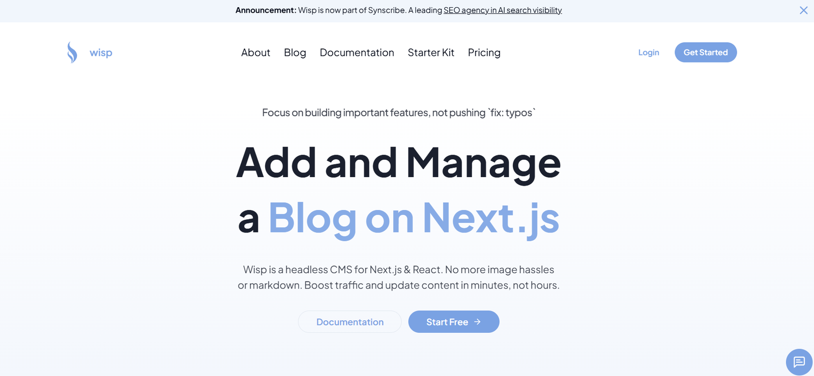 17 - Hero section: headline 'Add and Manage a Blog on Next.js' with subheading about Wisp CMS for Next.js & React; navigation bar above.