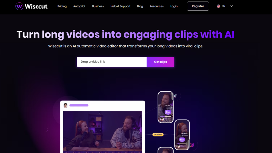 17 - Hero section for Wisecut: dark gradient landing page with bold purple headline 'Turn long videos into engaging clips with AI', a subtitle, and a white-to-purple call-to-action area reading 'Drop a video link' and 'Get clips'.