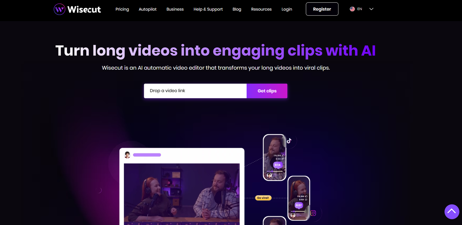 17 - Hero section for Wisecut: dark gradient landing page with bold purple headline 'Turn long videos into engaging clips with AI', a subtitle, and a white-to-purple call-to-action area reading 'Drop a video link' and 'Get clips'.