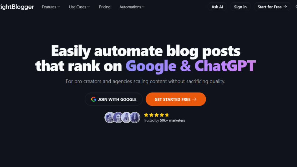 18 - Dark homepage hero with bold headline about automating blog posts to rank on Google and ChatGPT, plus two CTA buttons (Join with Google, Get started free).