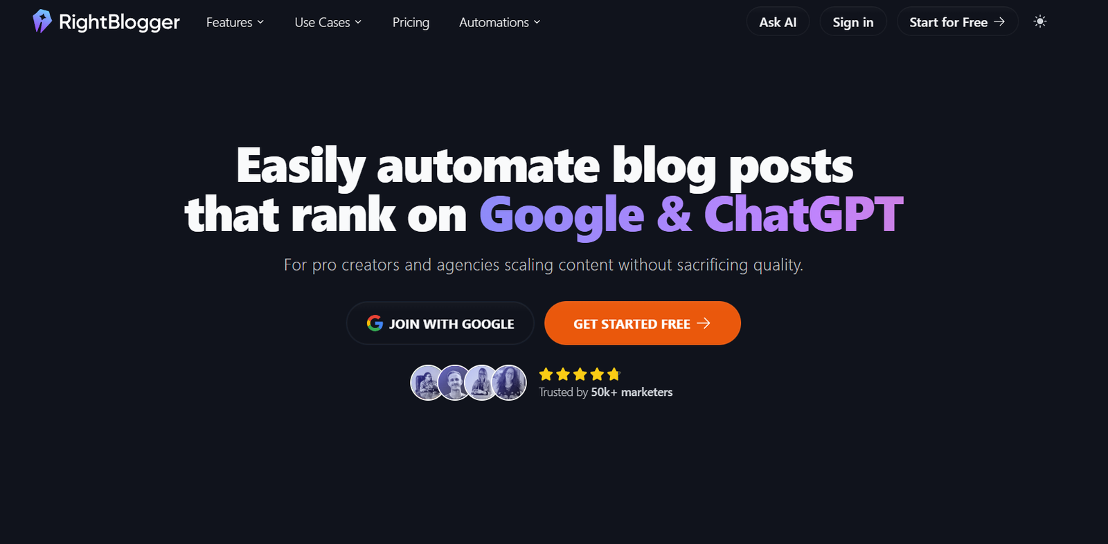 18 - Dark homepage hero with bold headline about automating blog posts to rank on Google and ChatGPT, plus two CTA buttons (Join with Google, Get started free).