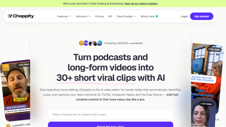 18 - Hero banner for Choppity promoting AI video clipping with the headline text and a primary CTA button visible above the fold.