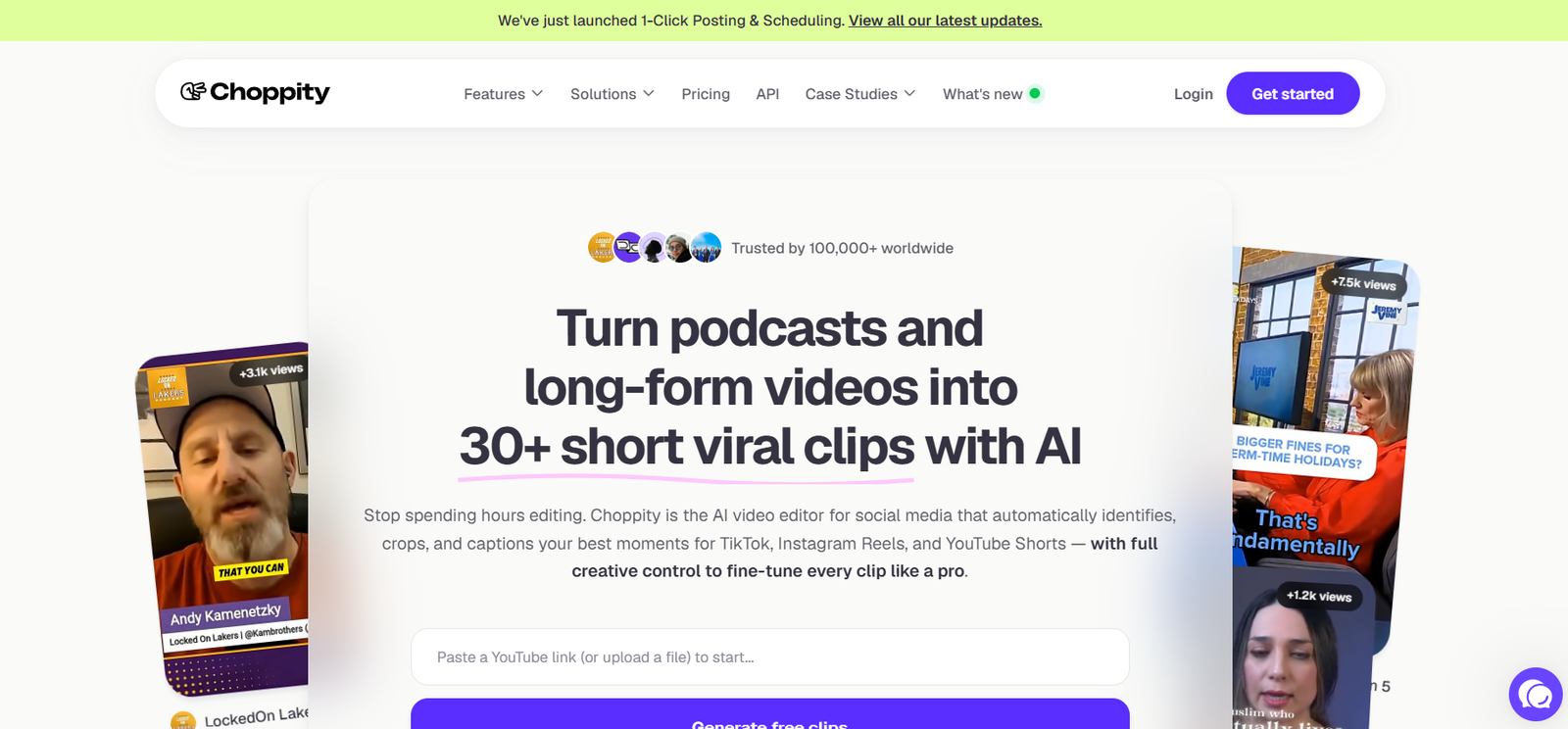 18 - Hero banner for Choppity promoting AI video clipping with the headline text and a primary CTA button visible above the fold.