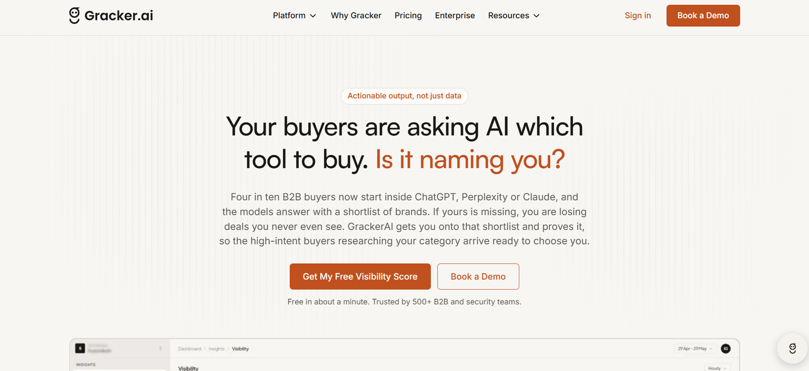 19 - Hero header for Gracker.ai: large black text asks 'Your buyers are asking AI which tool to buy. Is it naming you?' with supporting paragraph and two CTAs 'Get My Free Visibility Score' and 'Book a Demo' styled in orange.