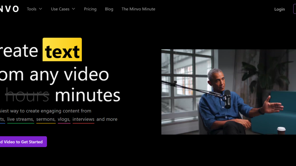 19 - Hero section: left-aligned headline about turning video into text, with highlighted 'text'; right side shows a man speaking into a microphone in a studio.