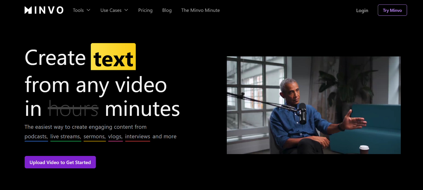 19 - Hero section: left-aligned headline about turning video into text, with highlighted 'text'; right side shows a man speaking into a microphone in a studio.