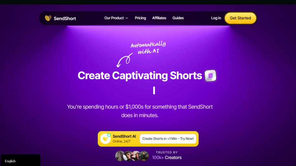 2 - Purple hero banner for SendShort with navigation bar and a large headline 'Create Captivating Shorts' on a gradient background.