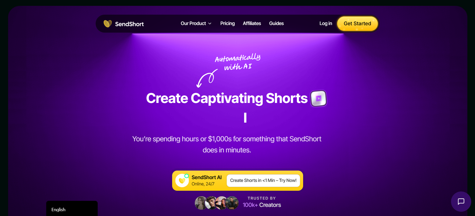 2 - Purple hero banner for SendShort with navigation bar and a large headline 'Create Captivating Shorts' on a gradient background.
