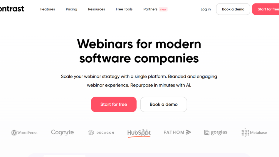 22 - Hero section with headline 'Webinars for modern software companies' and supporting text, featuring two CTAs: 'Start for free' and 'Book a demo', plus a row of partner logos below.