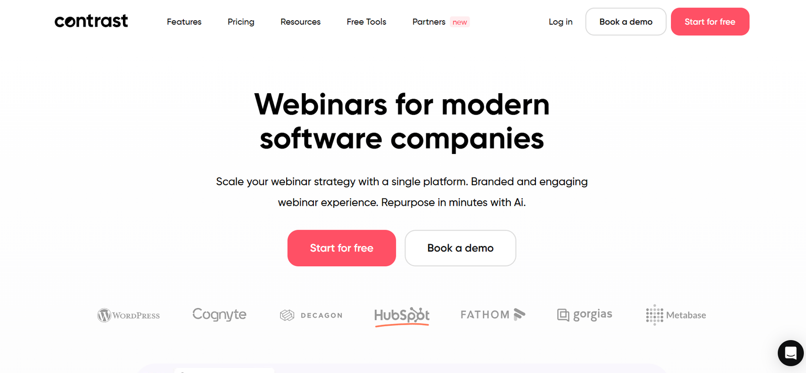 22 - Hero section with headline 'Webinars for modern software companies' and supporting text, featuring two CTAs: 'Start for free' and 'Book a demo', plus a row of partner logos below.
