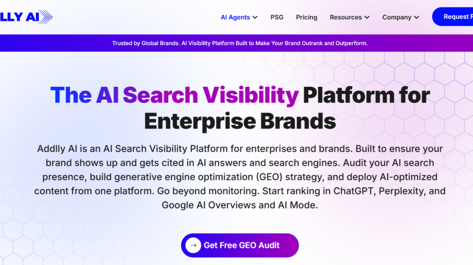Hero banner for AddLLY AI: gradient background with hex pattern, bold headline 'The AI Search Visibility Platform for Enterprise Brands' and 'Get Free GEO Audit' CTA button.