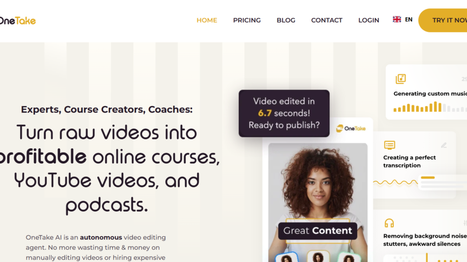 3 - OneTake homepage hero with logo, navigation and a large headline about turning raw videos into profitable online courses; right-side floating UI cards.