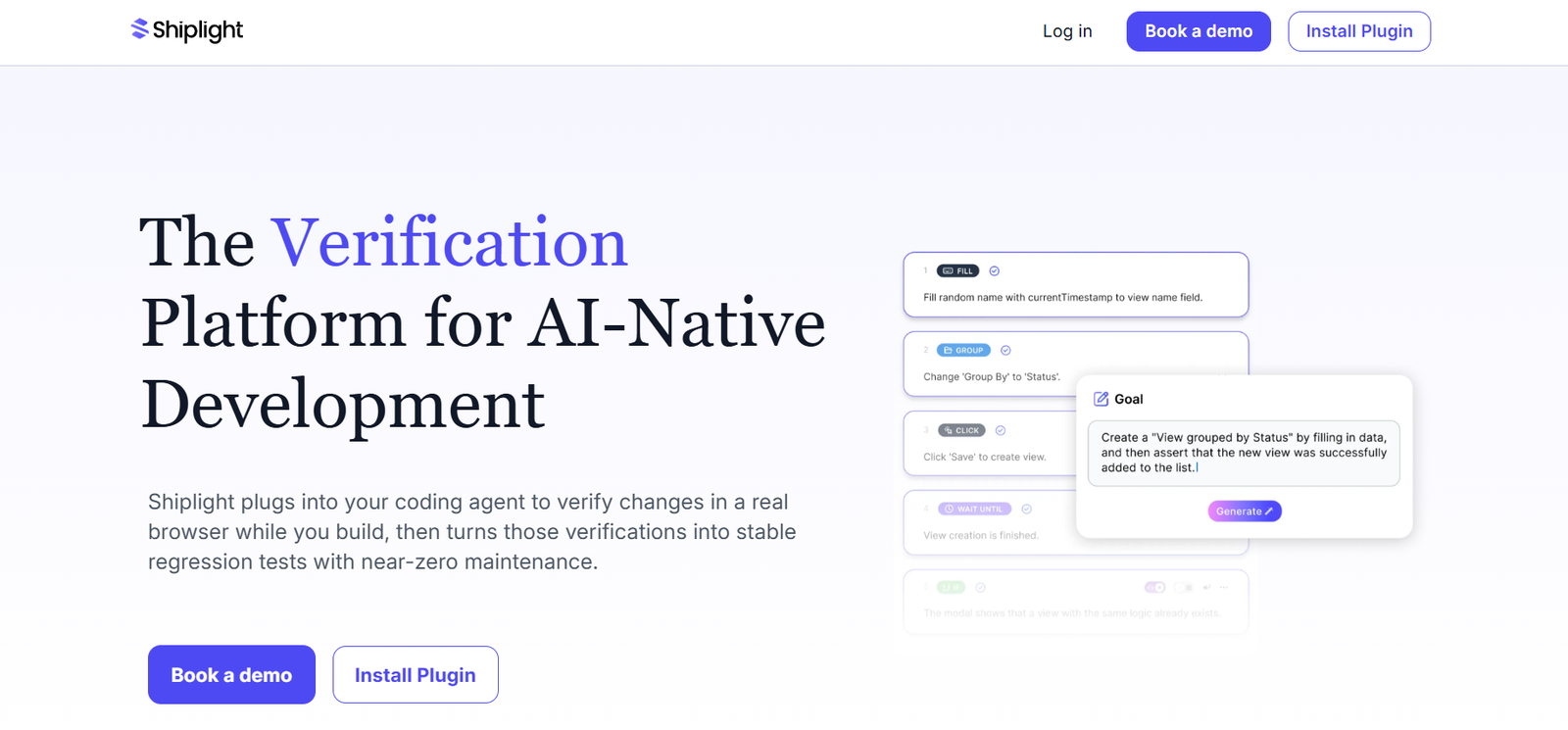 4 - Hero banner for Shiplight: large headline reading 'The Verification Platform for AI-Native Development' with 'Verification' in blue, subtle gradient background, and mockups of the product interface on the right; top navigation shows logo, 'Log in', 'Book a demo', and 'Install Plugin' buttons.