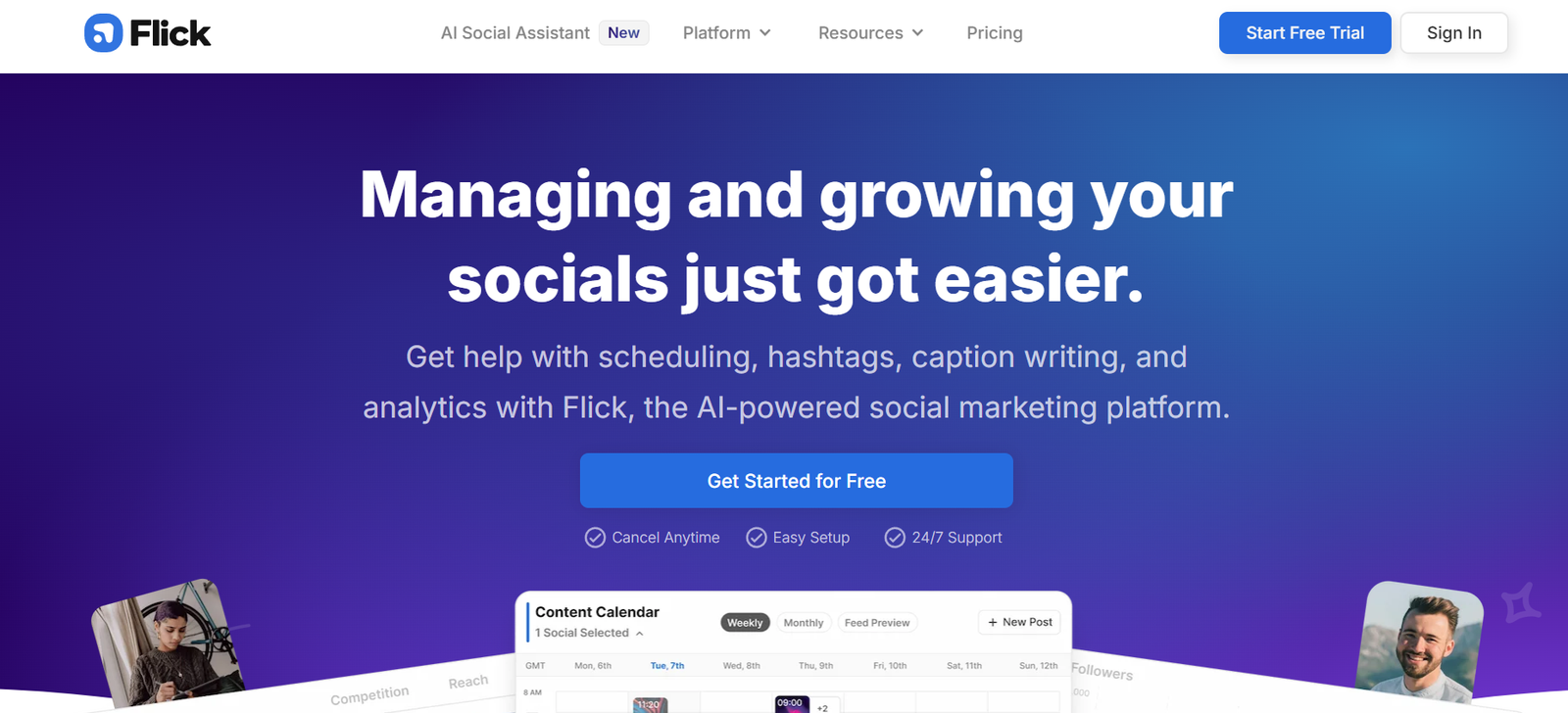 5 - Hero banner with Flick logo and blue gradient background, headline reads 'Managing and growing your socials just got easier.' and subheading about scheduling and hashtags, plus a 'Get Started for Free' CTA.