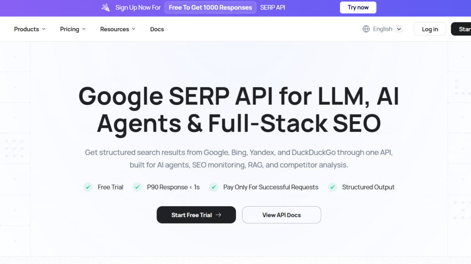 Hero banner: Google SERP API for LLM, AI agents and full-stack SEO with Start Free Trial and View API Docs buttons.