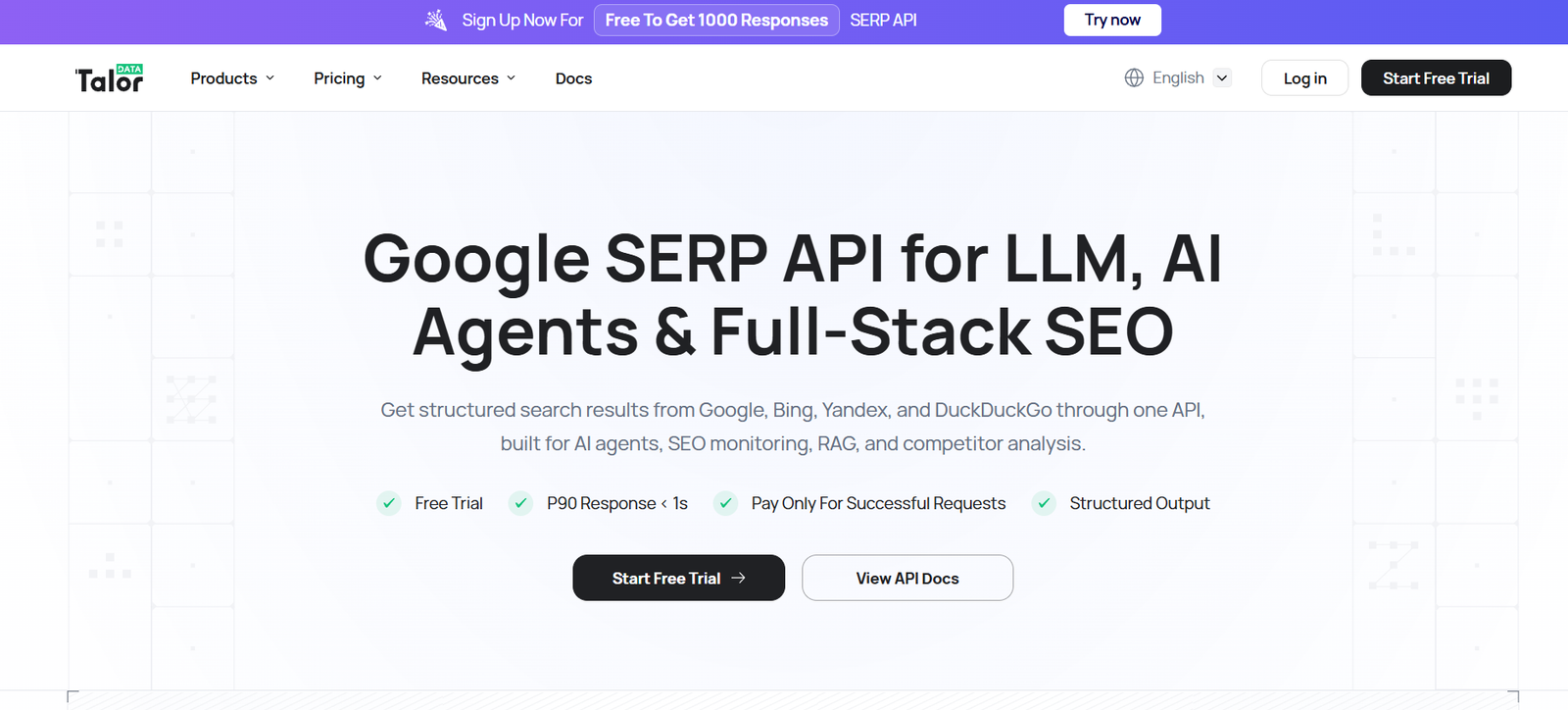 Hero banner: Google SERP API for LLM, AI agents and full-stack SEO with Start Free Trial and View API Docs buttons.