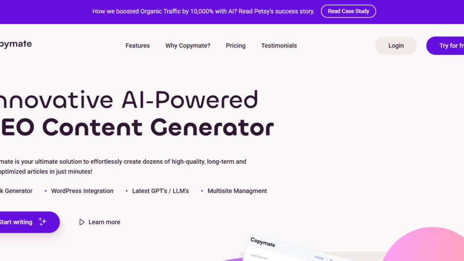 6 - Copymate homepage hero: bold headline 'Innovative AI-Powered SEO Content Generator', subtext, and a purple 'Start writing' button.
