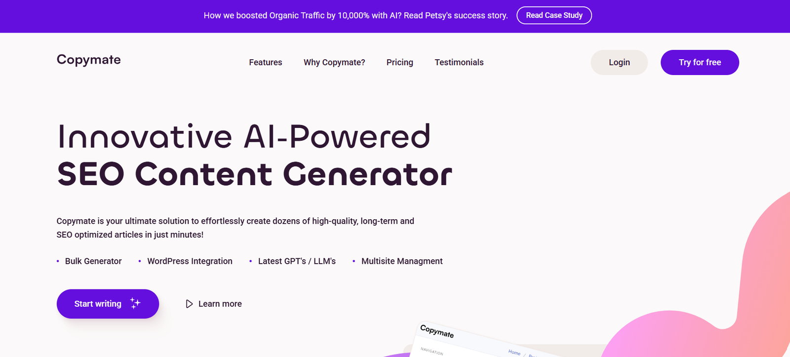6 - Copymate homepage hero: bold headline 'Innovative AI-Powered SEO Content Generator', subtext, and a purple 'Start writing' button.
