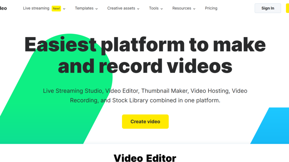 6 - Hero section: Bold headline 'Easiest platform to make and record videos' with green abstract shape and teal/blue accents, and a yellow 'Create video' button nearby.