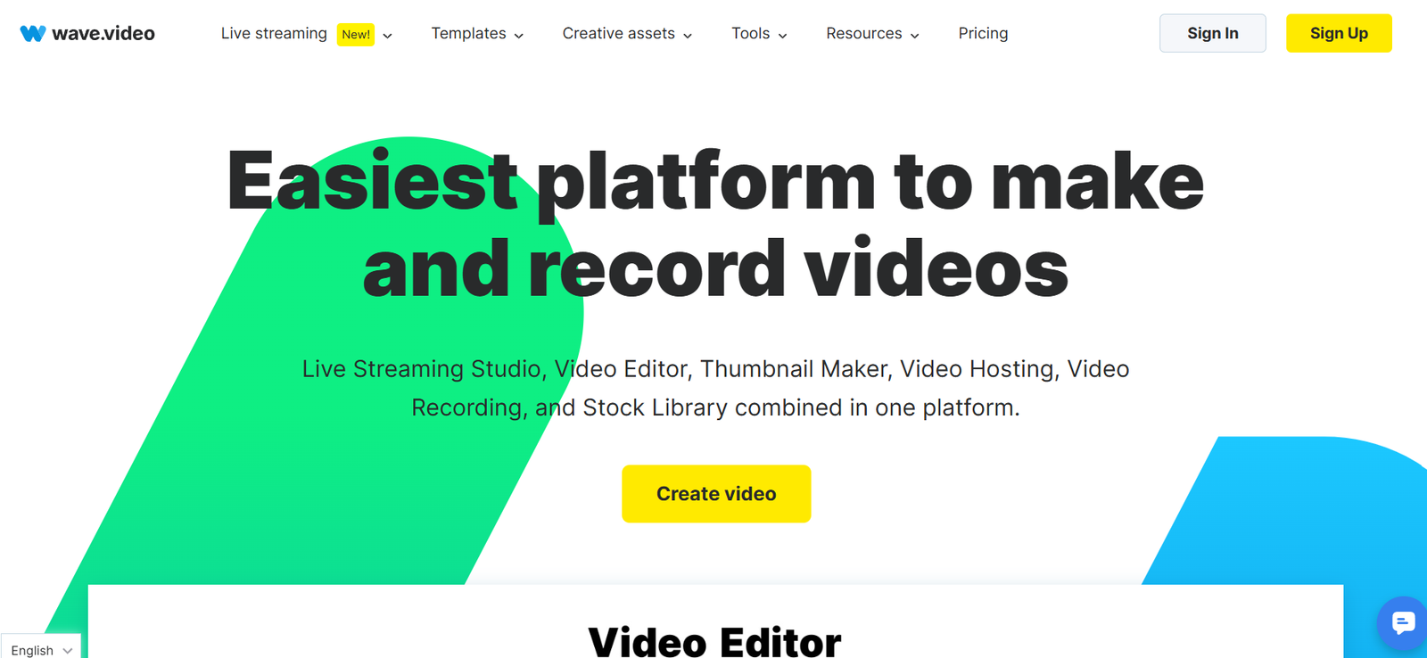 6 - Hero section: Bold headline 'Easiest platform to make and record videos' with green abstract shape and teal/blue accents, and a yellow 'Create video' button nearby.
