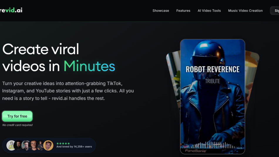 7 - Hero banner for revid.ai: dark background with bold white and green text 'Create viral videos in Minutes' and overlapping rounded video thumbnails on the right.