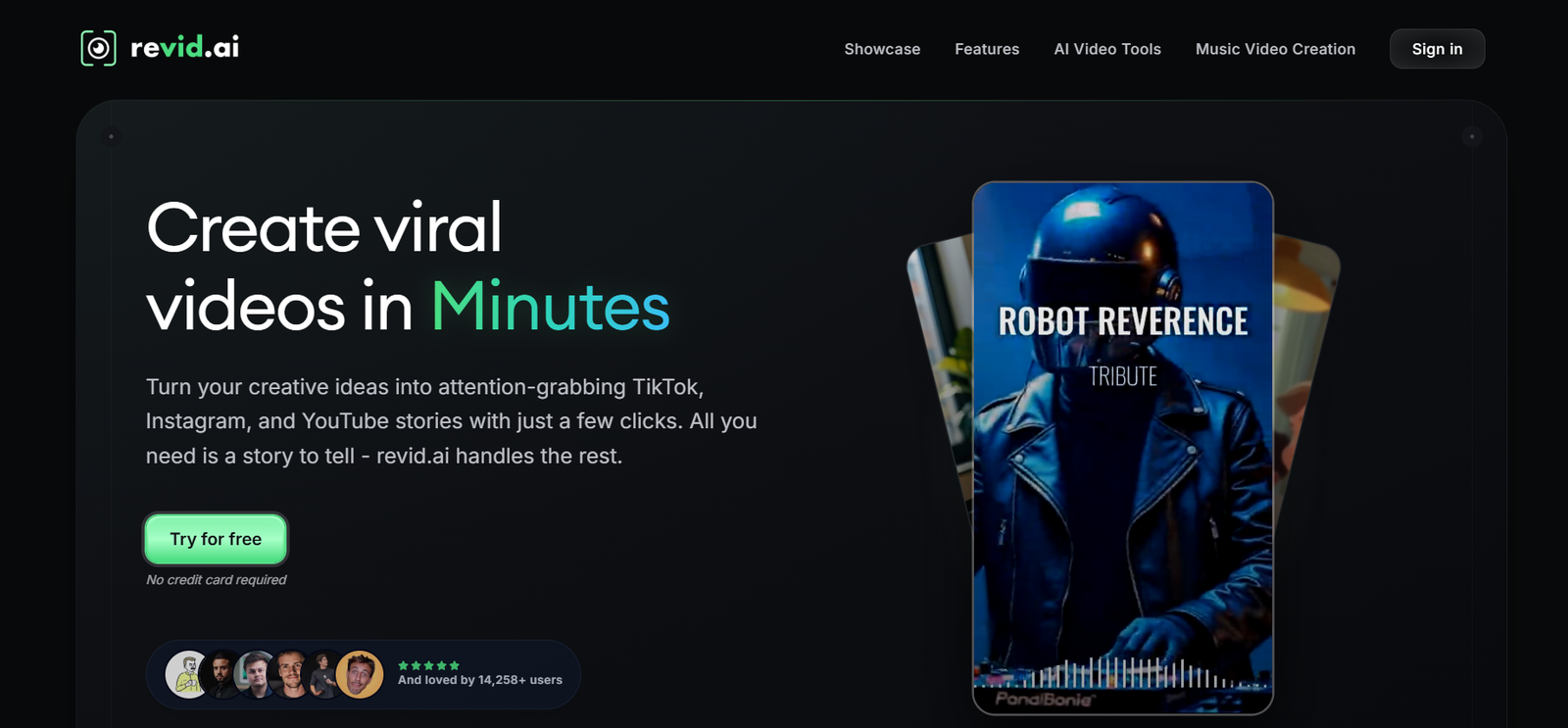 7 - Hero banner for revid.ai: dark background with bold white and green text 'Create viral videos in Minutes' and overlapping rounded video thumbnails on the right.